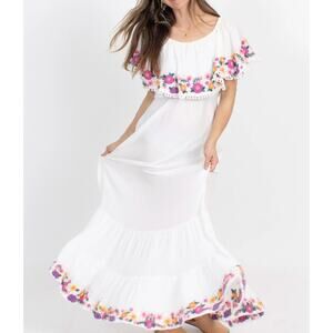 Alicia Bell Off Shoulder White Floral Embroidered Cotton Maxi Dress Small